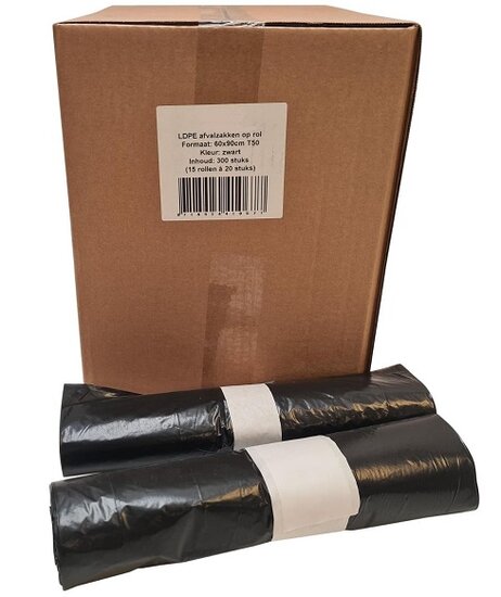 LDPE Non Komo Afvalzakken 60x90cm T50 zwart verpakt 10 rol &agrave; 25 stuks